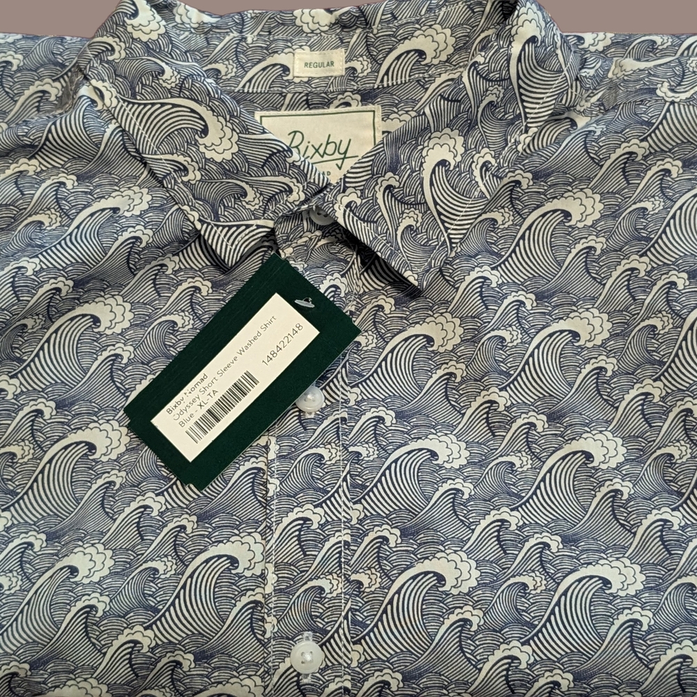 Blue Casual Button Down Shirt with Wave Pattern